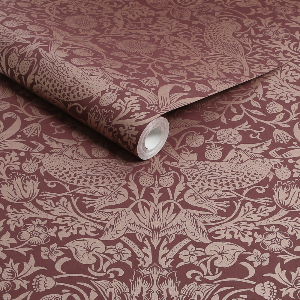 Strawberry Thief Fibrous Burgundy Wallpaper - 124235_ROLLSHOT_STRAWBERRY THIEF FIBROUS BURGUNDY_01.jpg