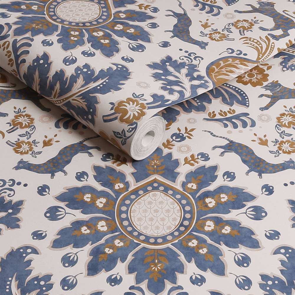 Joules Animal Damask Blue & Gold Wallpaper - 128944_ROLLSHOT_ANIMAL DAMASK PRINT CREAM & BLUE & GOLD_01.jpg