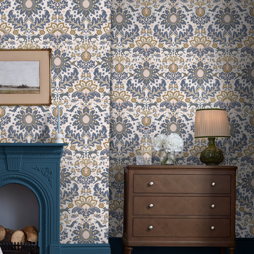 Joules Animal Damask Blue & Gold Wallpaper - 128944_ROOMSET_ANIMAL DAMASK PRINT CREAM & BLUE & GOLD_01.jpg