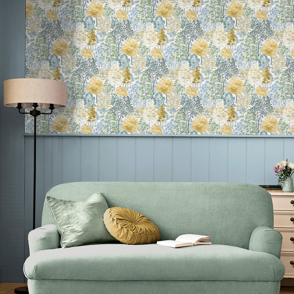 Laura Ashley Bernwood Ochre Yellow Wallpaper - 130153_ROOMSET_BERNWOOD OCHRE YELLOW_01.jpg