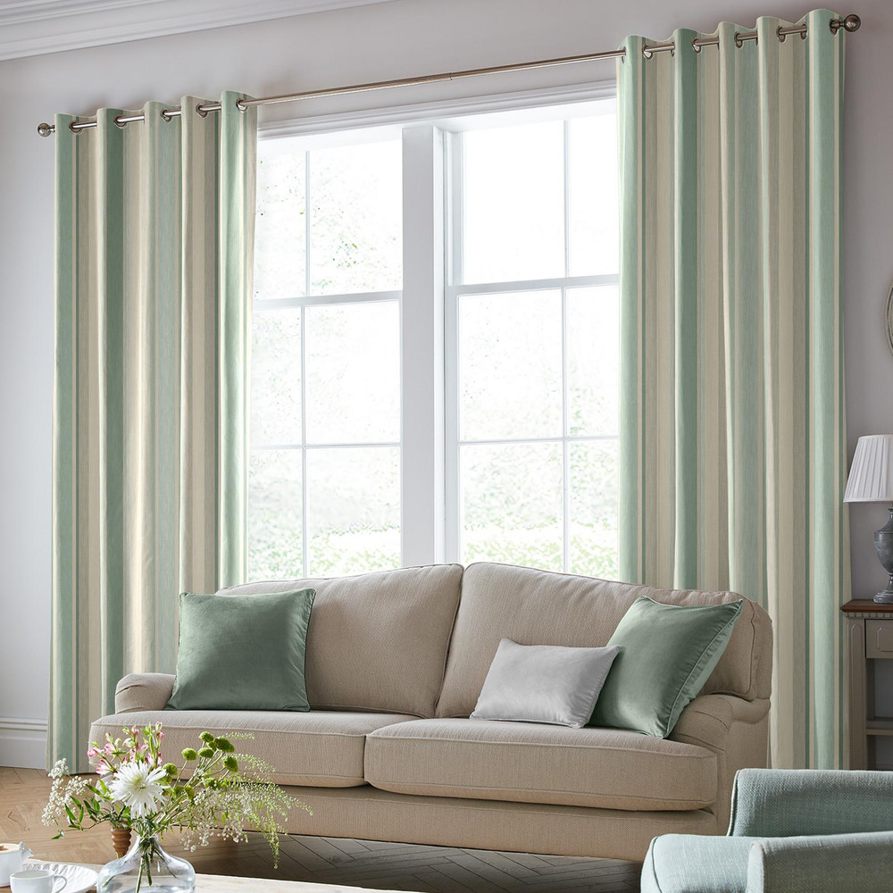 Awning Stripe Smoke Green Curtains by Laura Ashley - 130663cur_ROOMSET_02.jpg