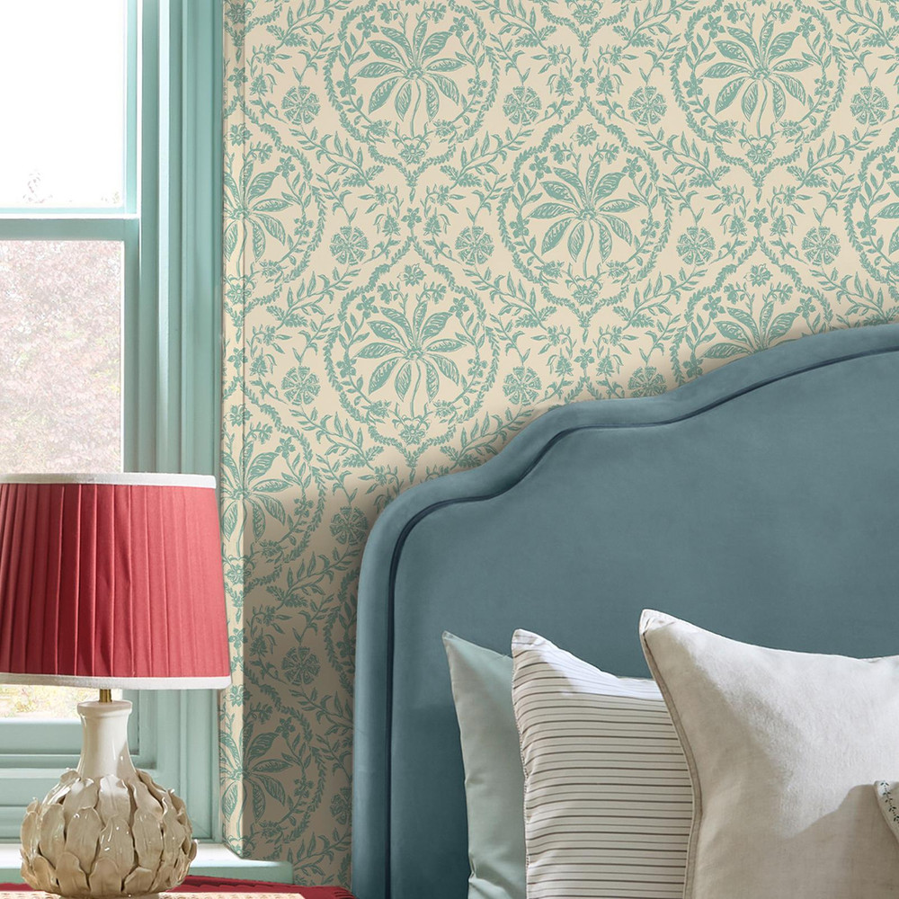 Joules Indienne Palm Cream & Duck Egg Blue Wallpaper - 145395_ROOMSET_INDIENNE PALM CREAM AND DUCK EGG BLUE_02.jpg