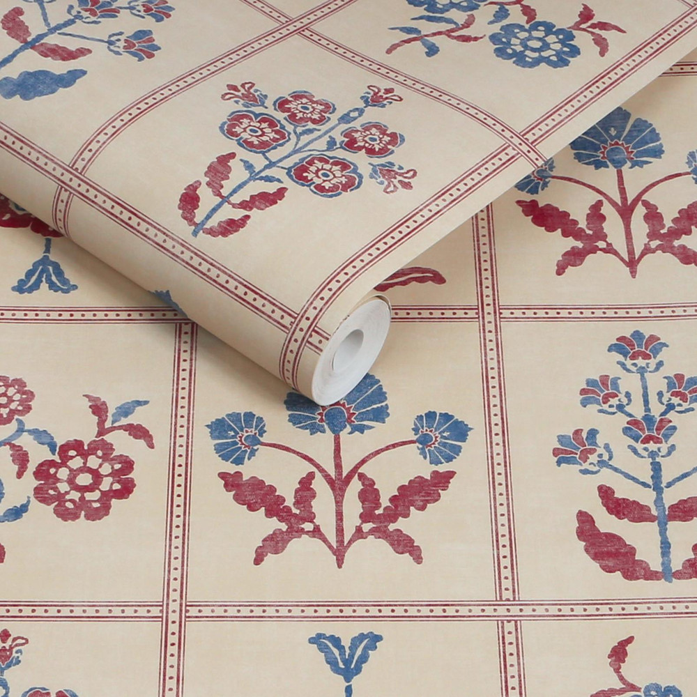 Joules Garden Floral Grid Red & Blue Wallpaper - 145384_ROLLSHOT_GARDEN FLORAL GRID RED & BLUE_01.jpg