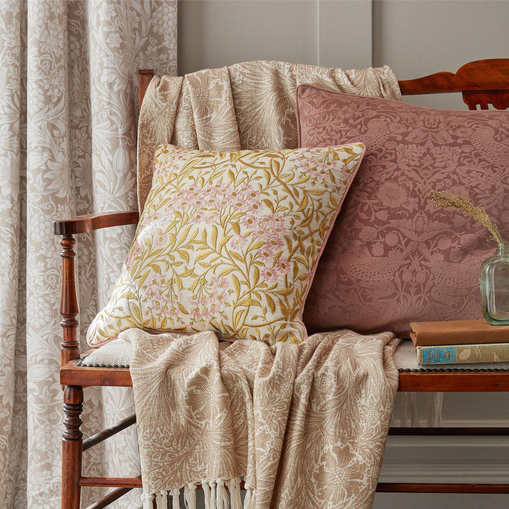 William Morris Michaelmas Daisy Brick Pink Gold Cushion - WMMICH0141_ROOMSET_MICHAELMAS_DAISY_BRICK_PINK_GOLD_CUSHION_01.jpg