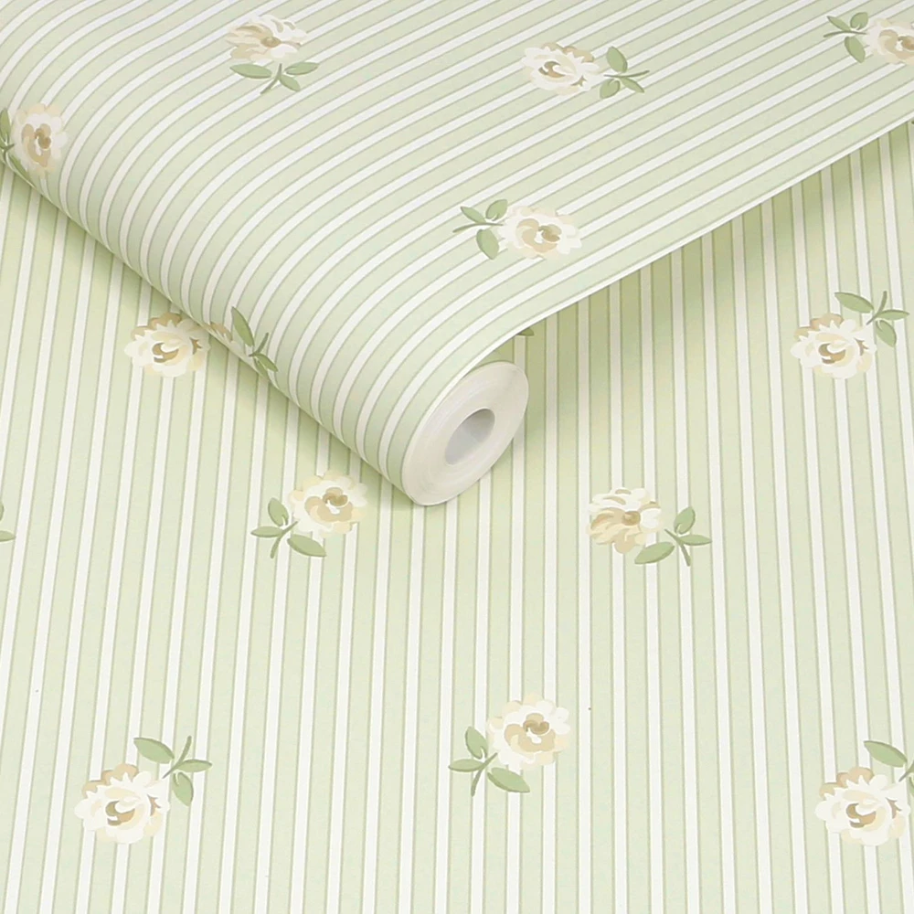 Cath Kidston Rose Spaced Stripe Sage Wallpaper - 149132_ROLLSHOT_ROSE SPACED STRIPE SAGE_01.jpg