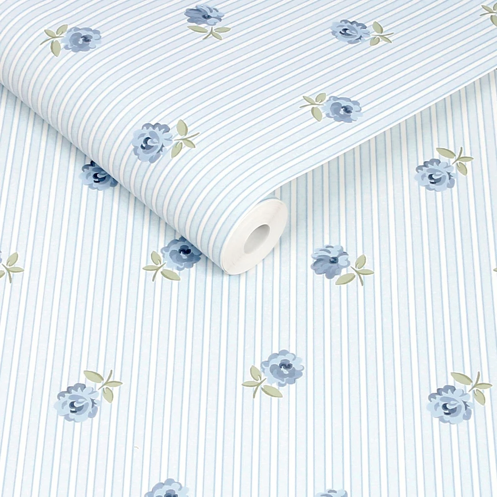 Cath Kidston Rose Spaced Stripe Blue Wallpaper - 149134_ROLLSHOT_ROSE SPACED STRIPE BLUE_01.jpg