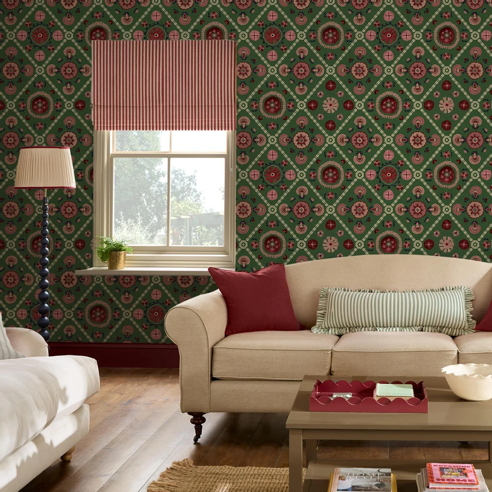 Joules Festival Floral Trellis Green Wallpaper - 149573_ROOMSET_FESTIVAL FLORAL TRELLIS GREEN_01.jpg