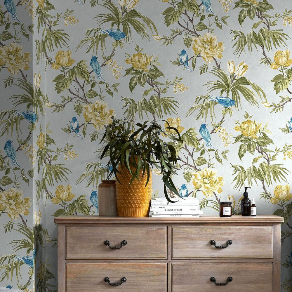 next birds & blooms grey wallpaper
