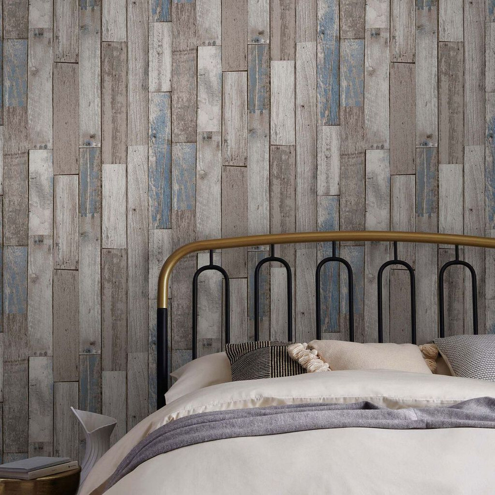 next distressed wood plank blue wallpaper
