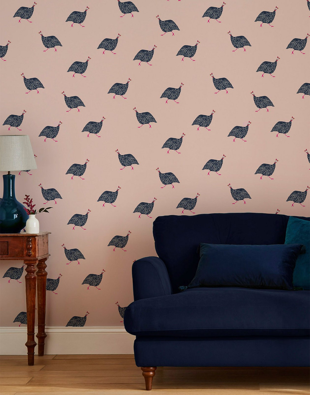 Joules Guinea Fowl Blush Pink Wallpaper - 118566_ROOMSET_01.jpg