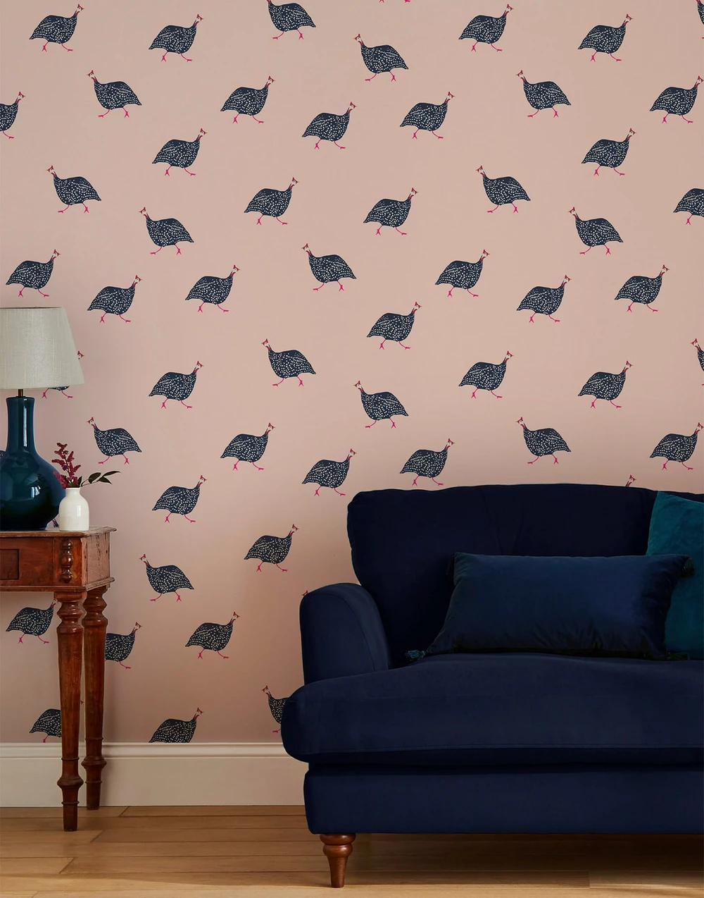 Joules Guinea Fowl Blush Pink Wallpaper - 118566_ROOMSET_01.jpg