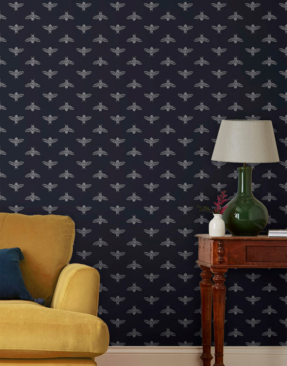 Joules Block Print Bee French Navy Wallpaper - 118546_ROOMSET_01.jpg