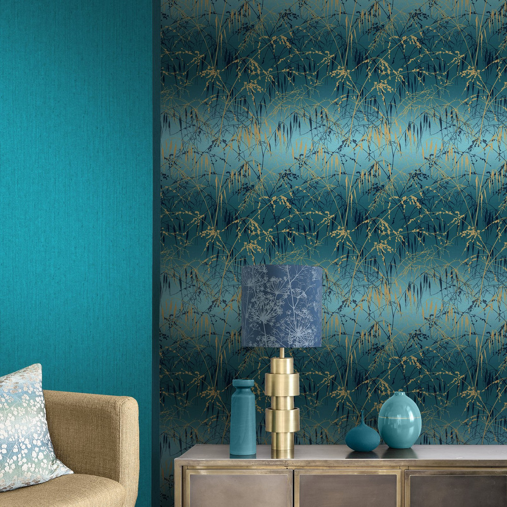 Meadow Grass Teal & Soft Gold Wallpaper by Clarissa Hulse - 120391_ROOMSET_02.jpg
