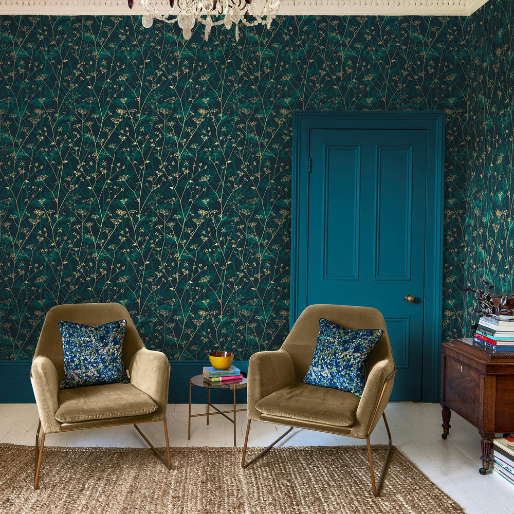 Wild Chervil Kingfisher & Gold Wallpaper by Clarissa Hulse - 120394_ROOMSET_WILD CHERVIL KINGFISHERS AND GOLD_01.jpg