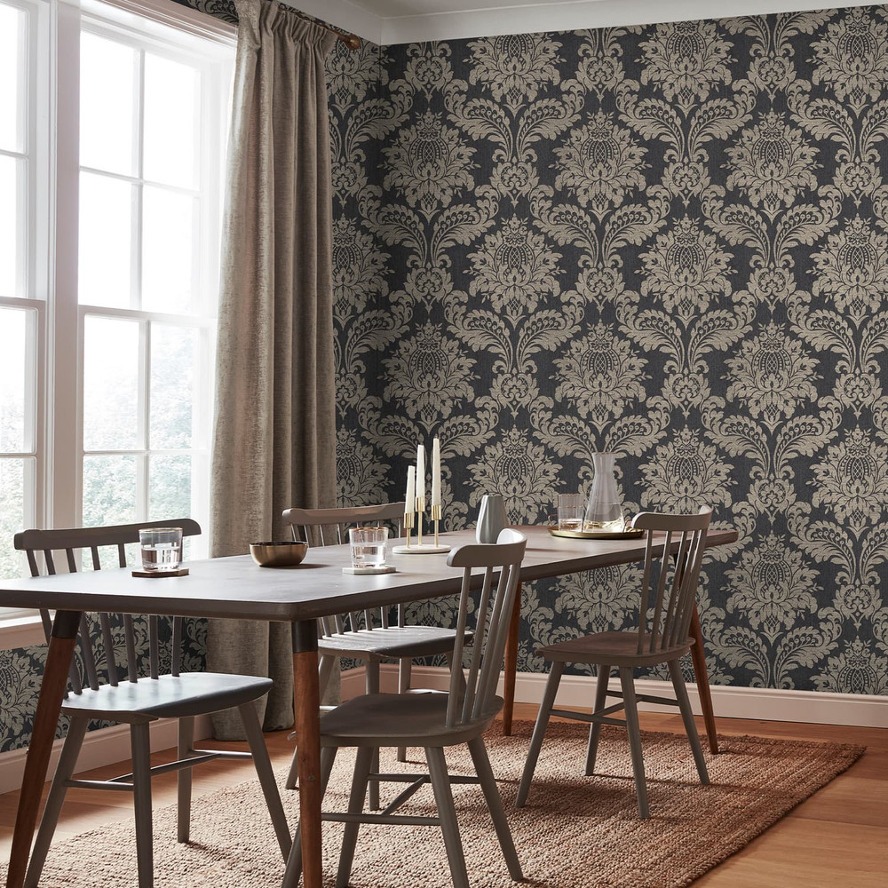 Archive Damask Black And Gold Wallpaper