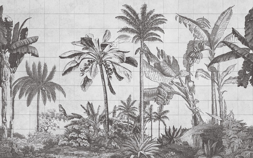 Tiled Jungle Black & White Bespoke Mural - 114332_MAINTILE_01.jpg