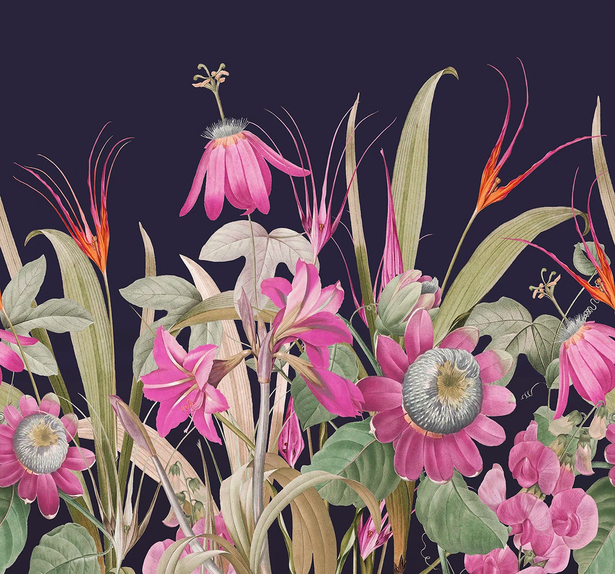 Flora Navy and Fuchsia Bespoke Mural