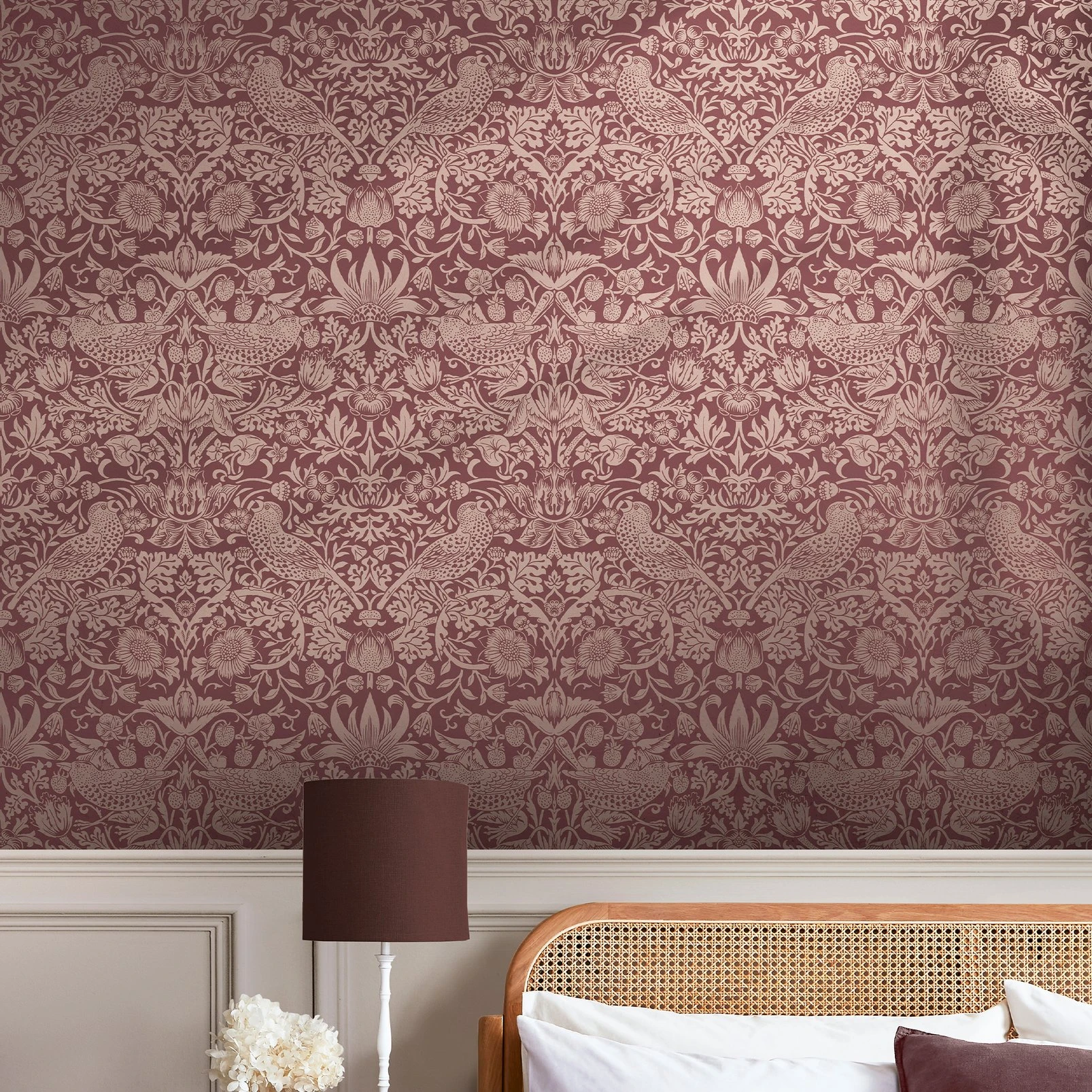 Strawberry Thief Fibrous Burgundy Wallpaper - 124235_ROOMSET_STRAWBERRY THIEF FIBROUS BURGUNDY_01.jpg