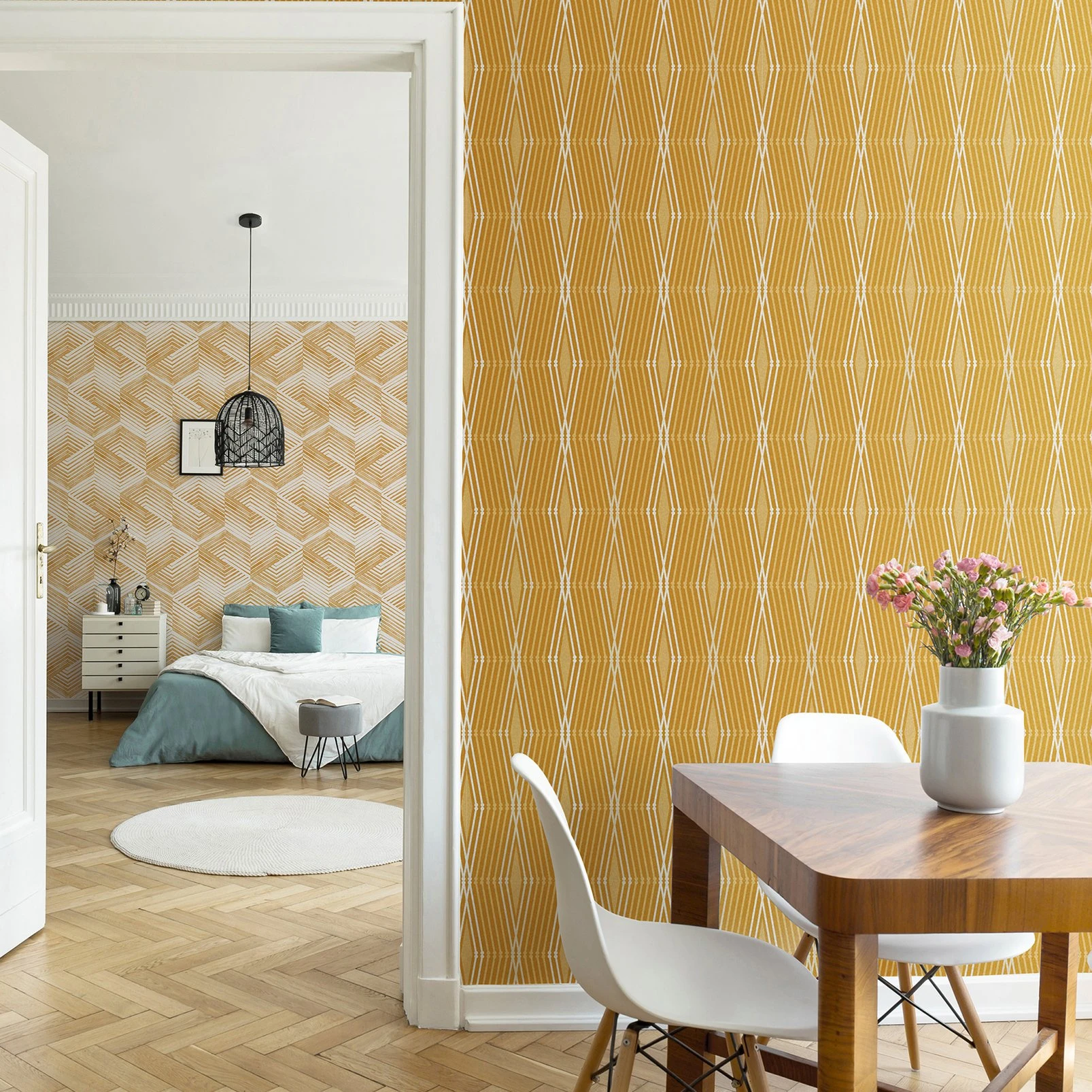 Nicole Miller Hard Edge Ogee Peel & Stick Turmeric Wallpaper - 127439_ROOMSET_HARD EDGE OGEE TURMERIC_01.jpg