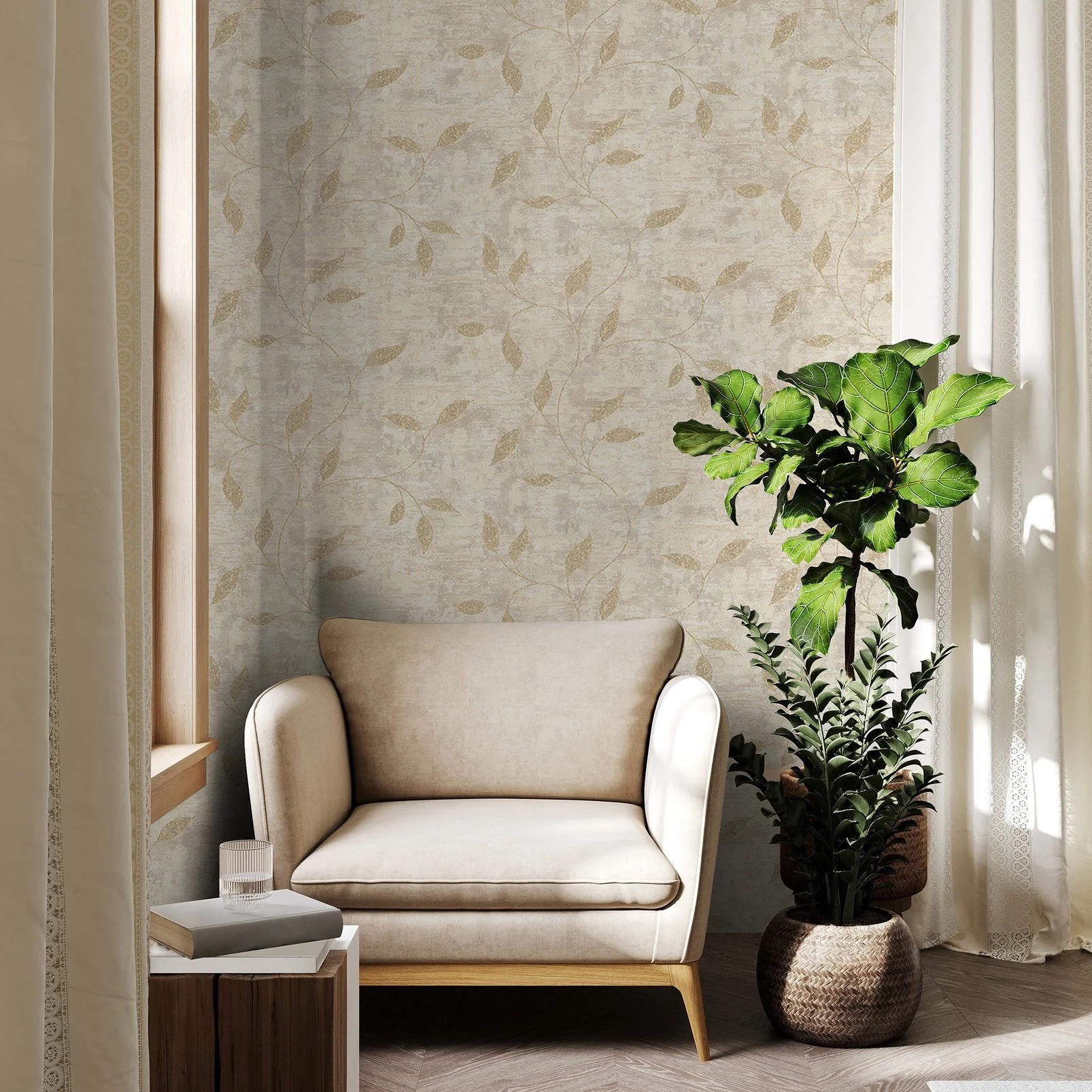 Ornamental Leaf Cream Wallpaper - 128805_ROOMSET_ORNAMENTAL LEAF CREAM_01.jpg