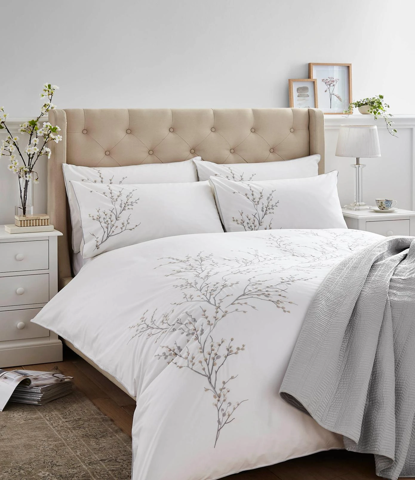 Pussy Willow Sprig Embroidered Dove Grey Duvet Cover Set - LAPUSSE02DQ_ROOMSET_PUSSY WILLOW SPRIG EMBROIDERED DOVE GREY_01.jpg