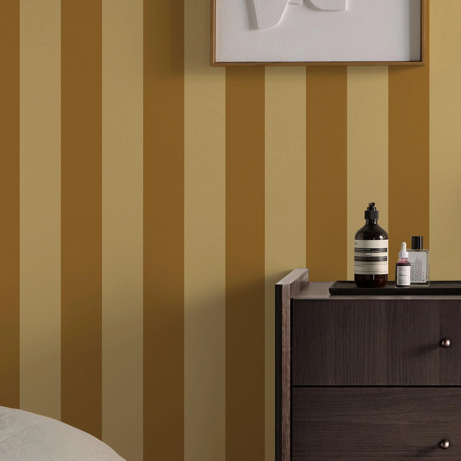 Made Demi Ochre Wide Stripe Wallpaper - 145225_ROOMSET_DEMI OCHRE WIDE STRIPE_01.jpg