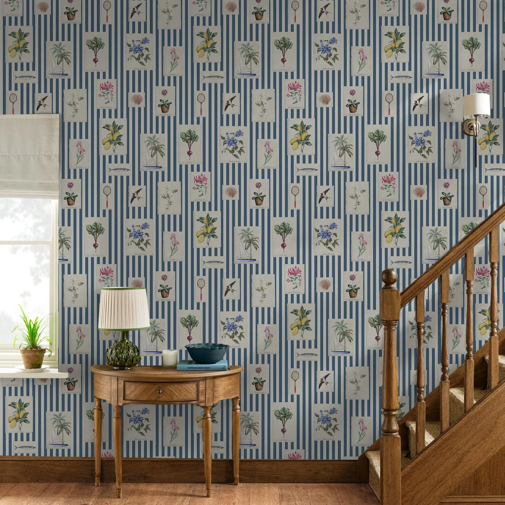 Joules Gallery Wall Stripe Blue Wallpaper - 145389_ROOMSET_GALLERY WALL STRIPE BLUE_01.jpg