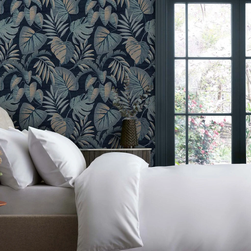 next jungle leaves navy wallpaper