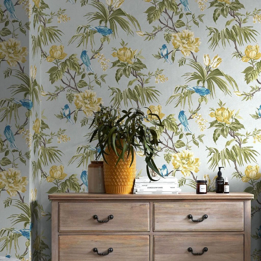 next birds & blooms grey wallpaper