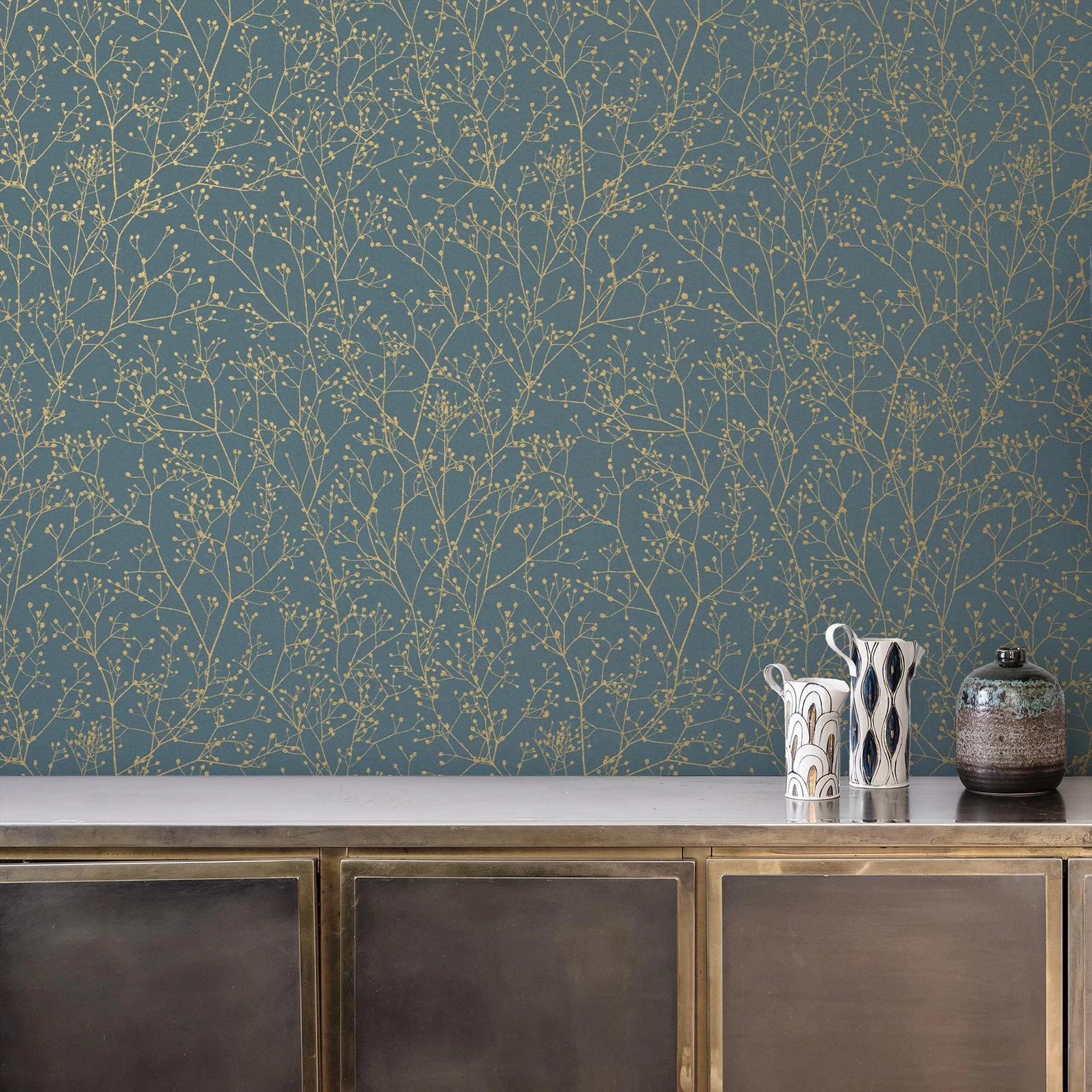 Gypsophila Airforce Blue & Soft Gold Wallpaper by Clarissa Hulse - 120384_ROOMSET_03.jpg