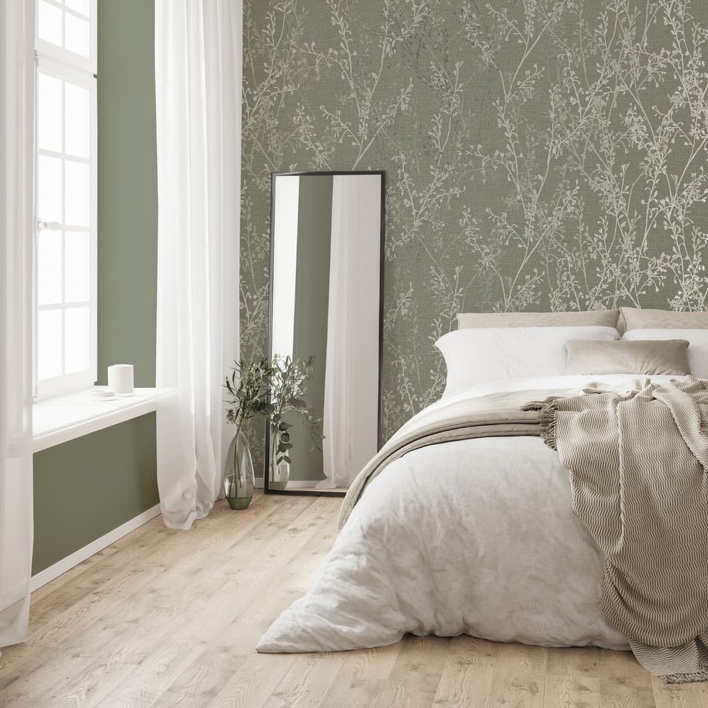 Breeze Sprig Green Wallpaper in a bedroom with curtains