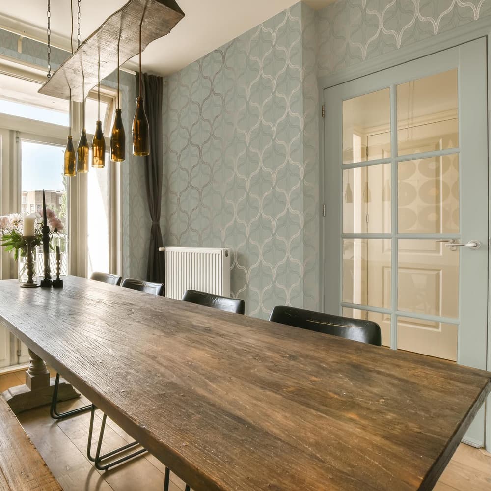 Boutique Refine Geo Sage Wallpaper in a dining room