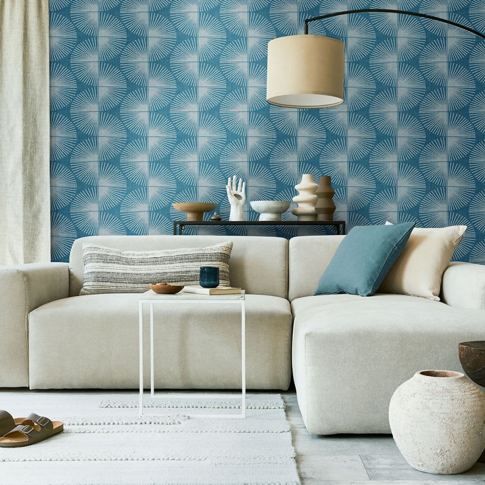 Nicole Miller Kendall Geo Peacock Peel and Stick Wallpaper in a Living Room