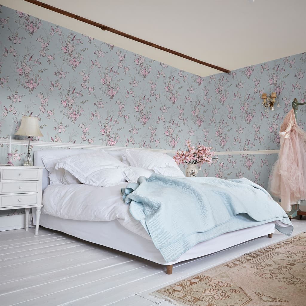 Rachell Ashwell Bird Chinoiserie Blue Wallpaper in a shabby chic style bedroom